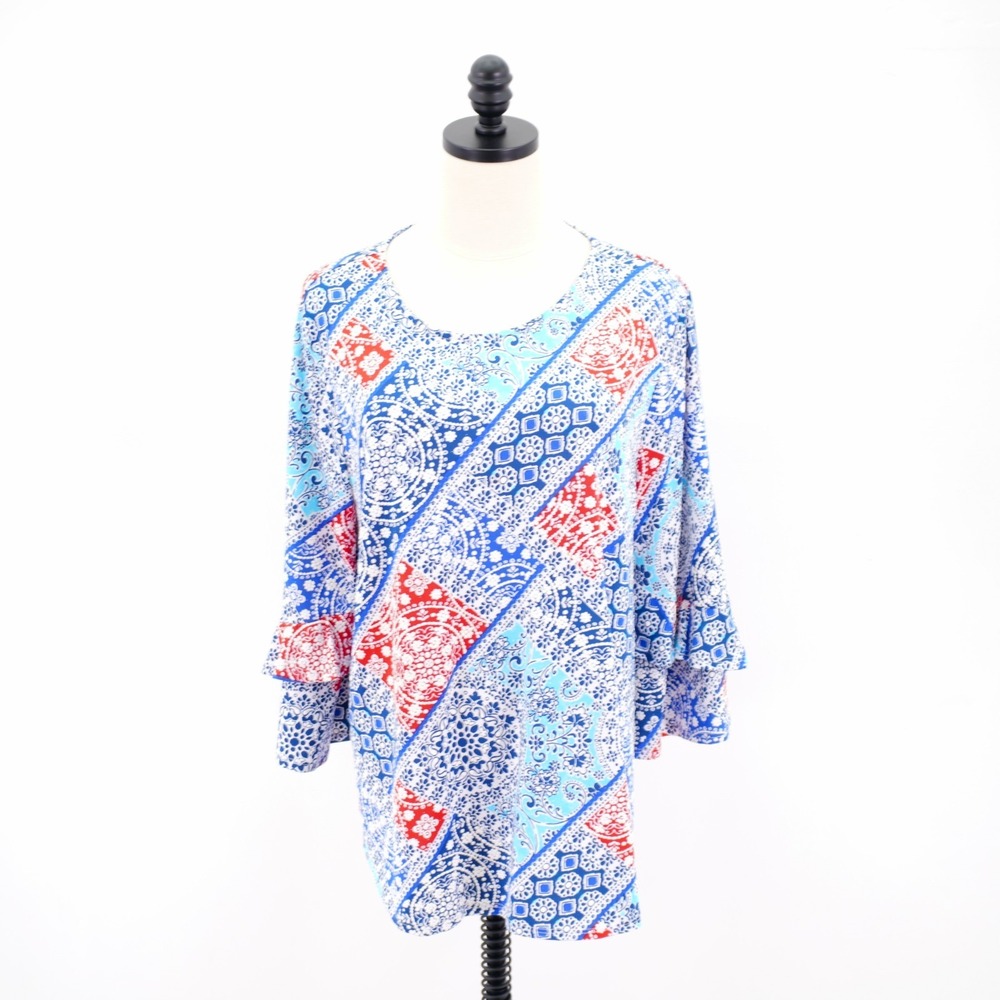Ruby Rd. Petites PXL Top Round Neck ‎ Ruffled Sleeve Blue Red Patchwork Blouse